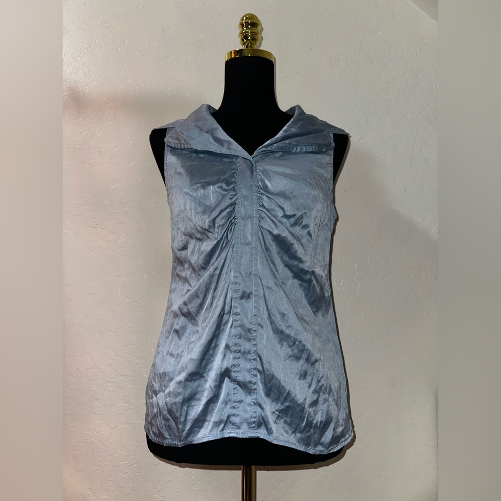 Sleeveless Light Blue Silk Ruched V-Neck Top